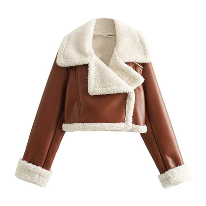 Double-Sided Shearling-Lined Cropped Leather-Effect Jacket
