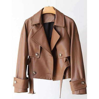 Cropped Genuine Leather Double-Breasted Belted Jacket