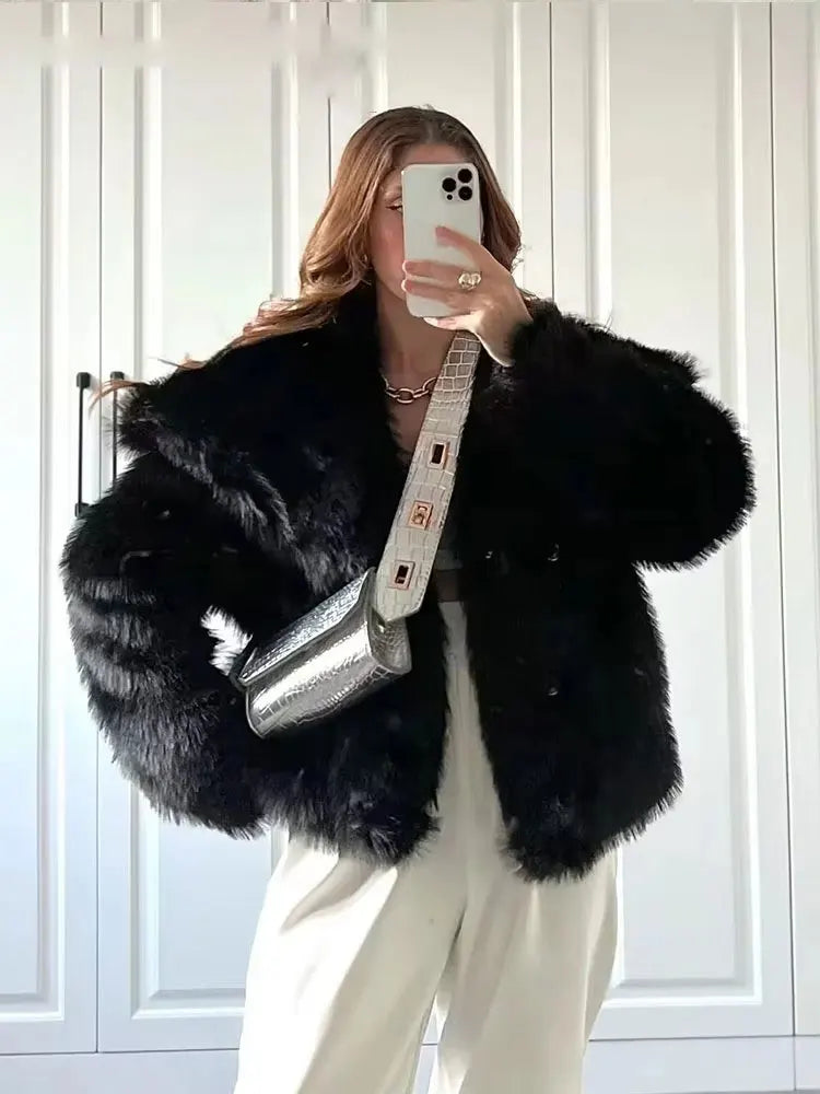 Elegant Faux Fur Loose-Fit Lapel Coat