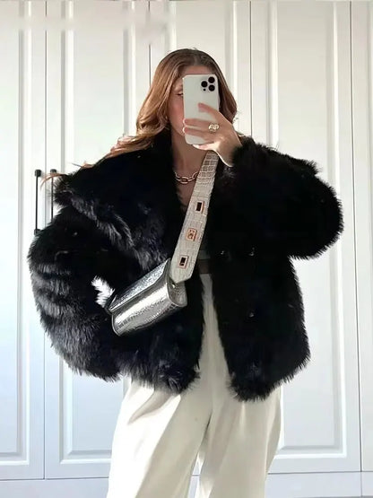 Elegant Faux Fur Loose-Fit Lapel Coat