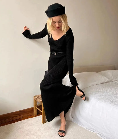 Knitted V-Neck A-Line Midi Dress