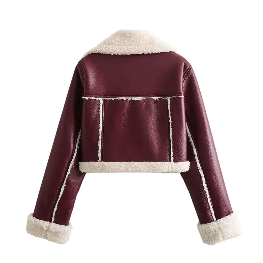 Double-Sided Shearling-Lined Cropped Leather-Effect Jacket