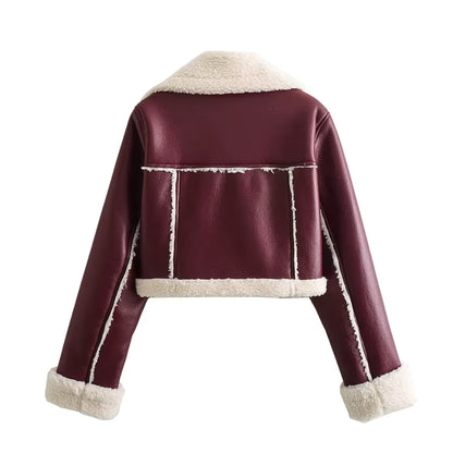Double-Sided Shearling-Lined Cropped Leather-Effect Jacket
