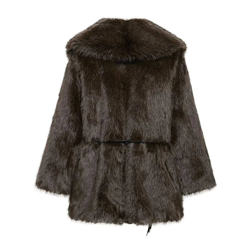 Medium-Length Faux Fur Coat with Belt Detail