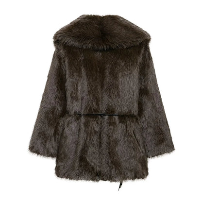 Medium-Length Faux Fur Coat with Belt Detail