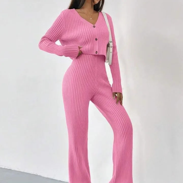 Ribbed V-Neck Cardigan Two-Piece Set