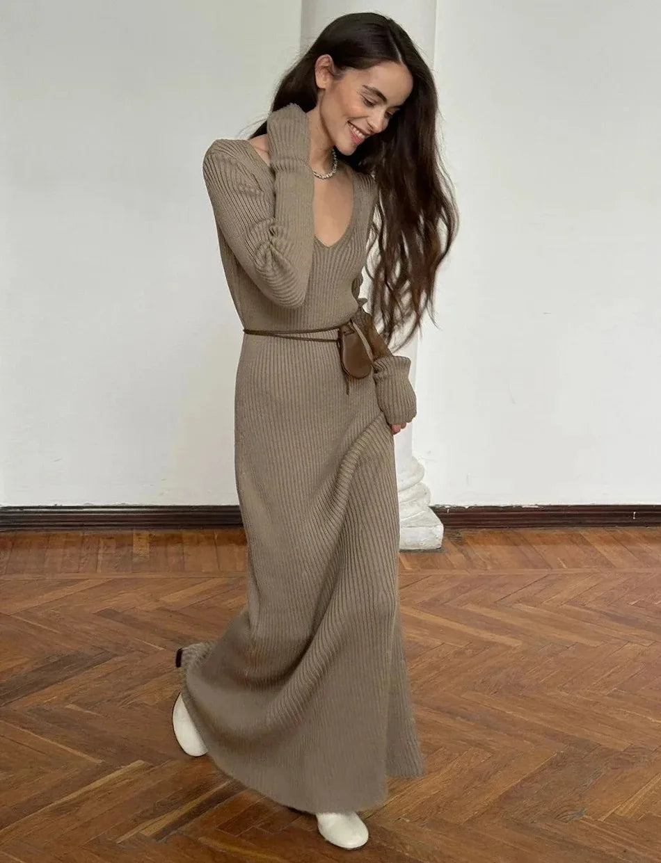 Knitted V-Neck A-Line Midi Dress
