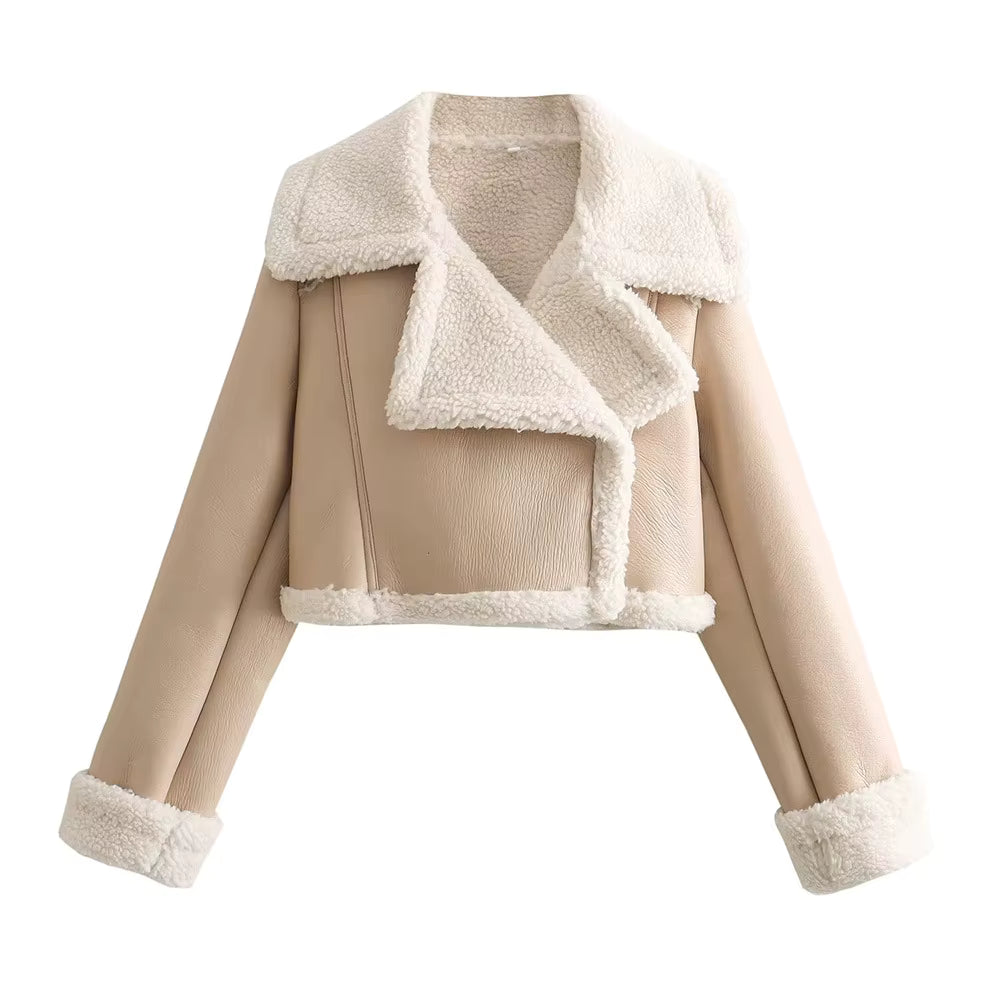 Double-Sided Shearling-Lined Cropped Leather-Effect Jacket