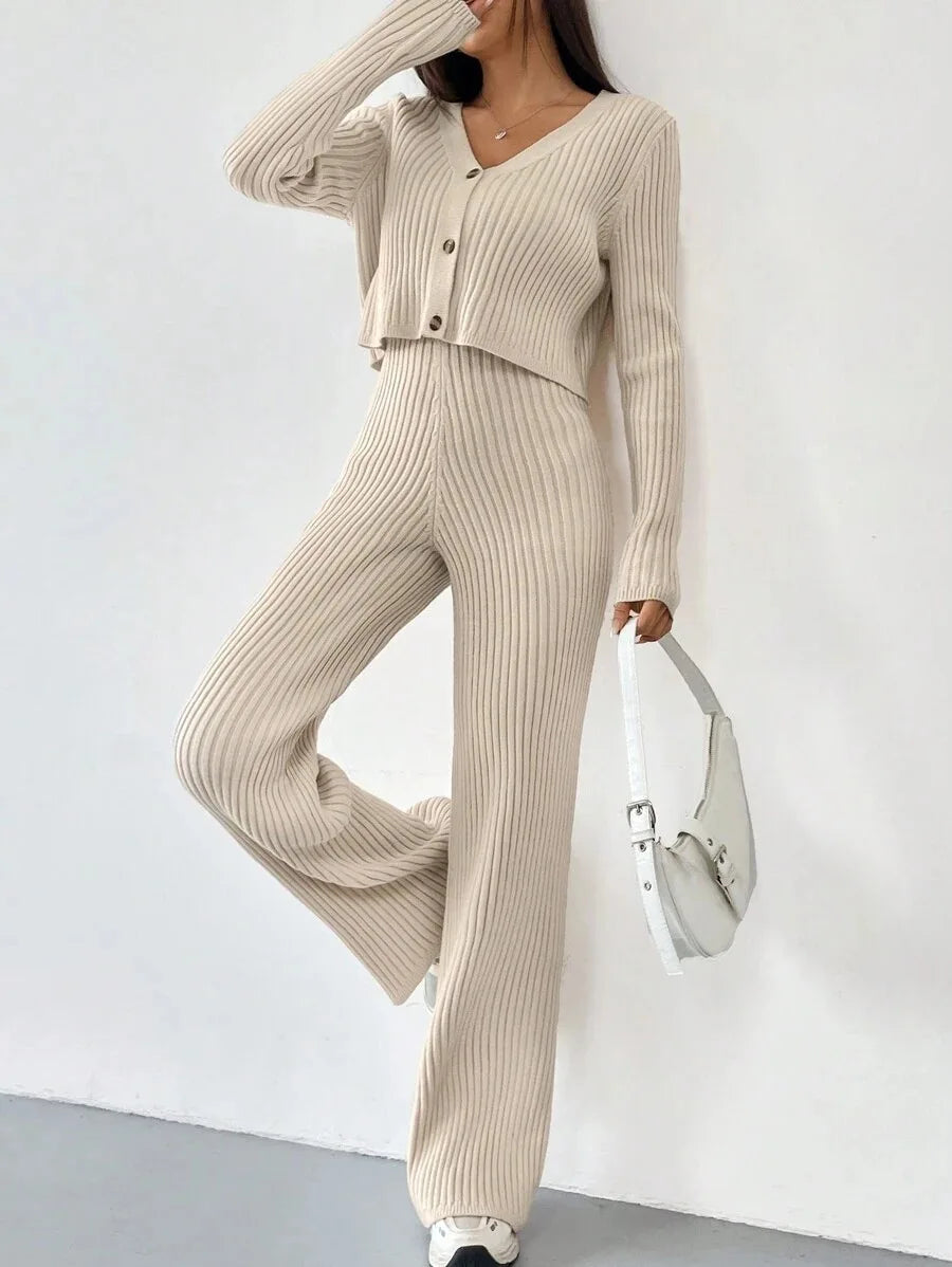 Ribbed V-Neck Cardigan Two-Piece Set