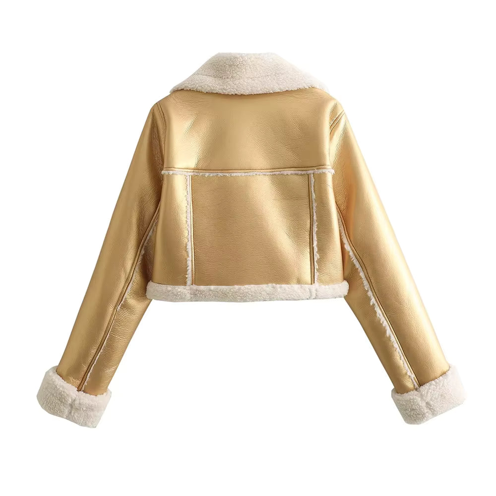 Double-Sided Shearling-Lined Cropped Leather-Effect Jacket