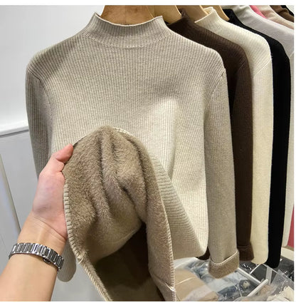 Velvet-Lined Turtleneck Knit Sweater