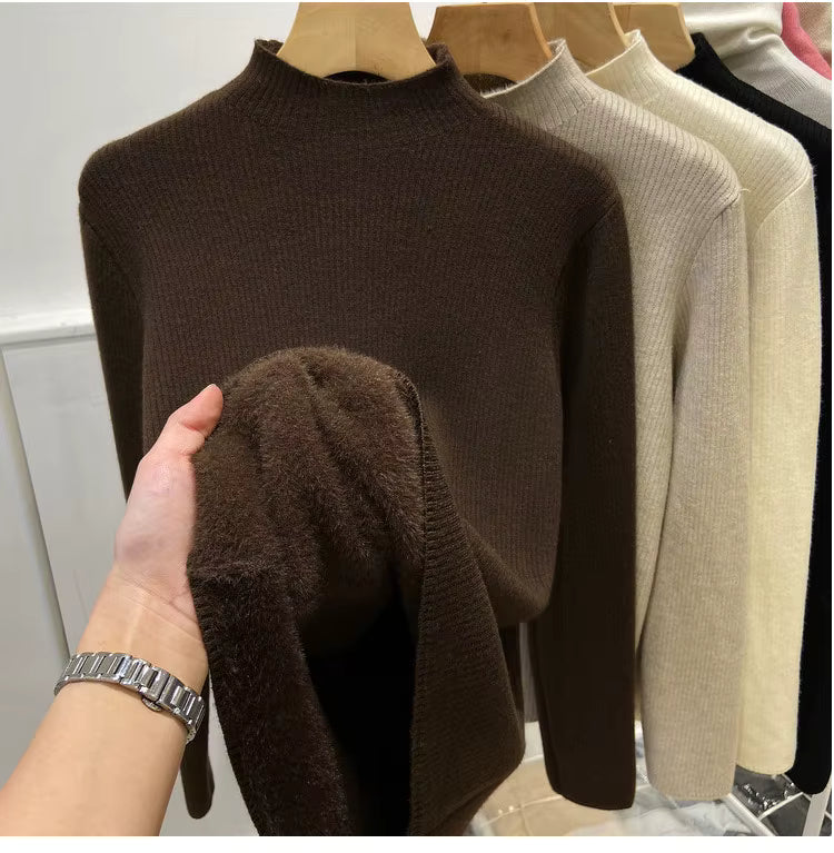 Velvet-Lined Turtleneck Knit Sweater