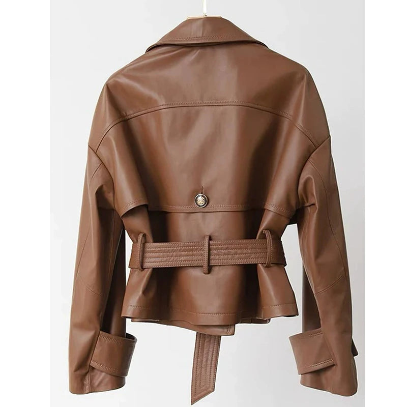 Cropped Genuine Leather Double-Breasted Belted Jacket
