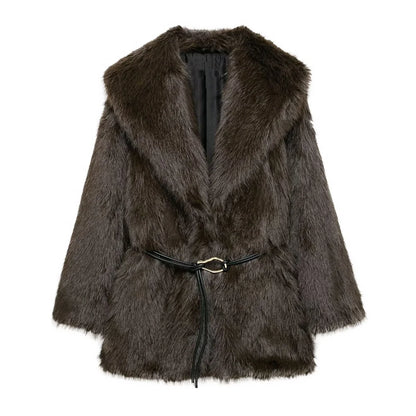 Medium-Length Faux Fur Coat with Belt Detail