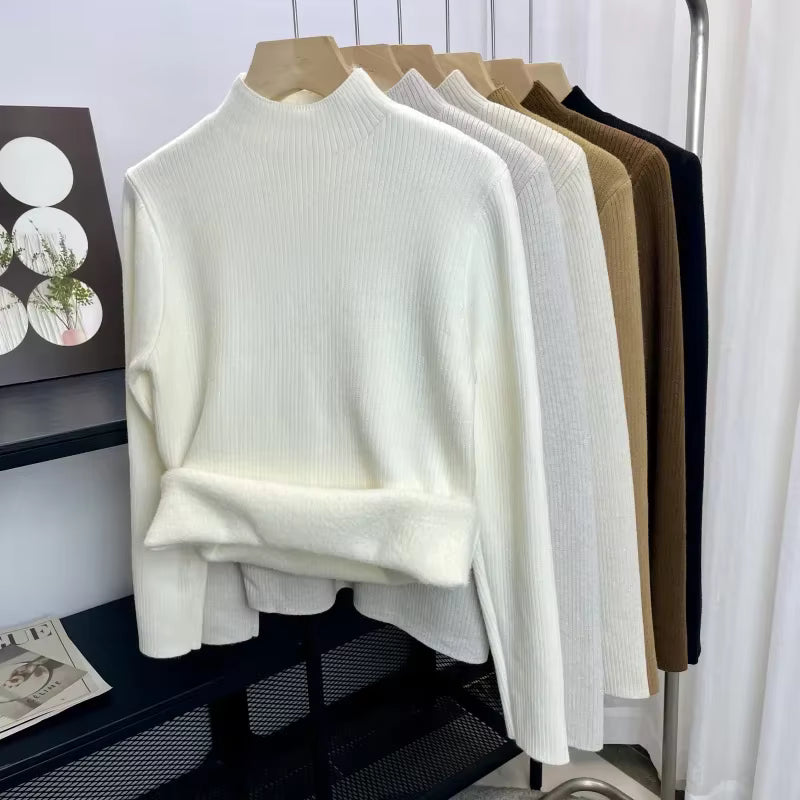 Velvet-Lined Turtleneck Knit Sweater