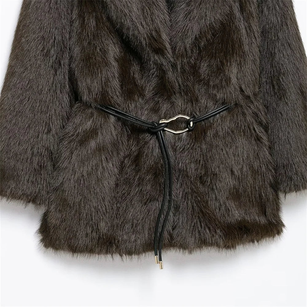 Medium-Length Faux Fur Coat with Belt Detail