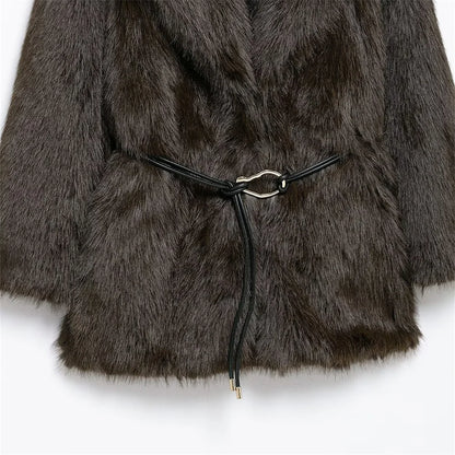 Medium-Length Faux Fur Coat with Belt Detail