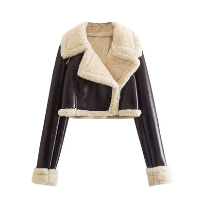Double-Sided Shearling-Lined Cropped Leather-Effect Jacket