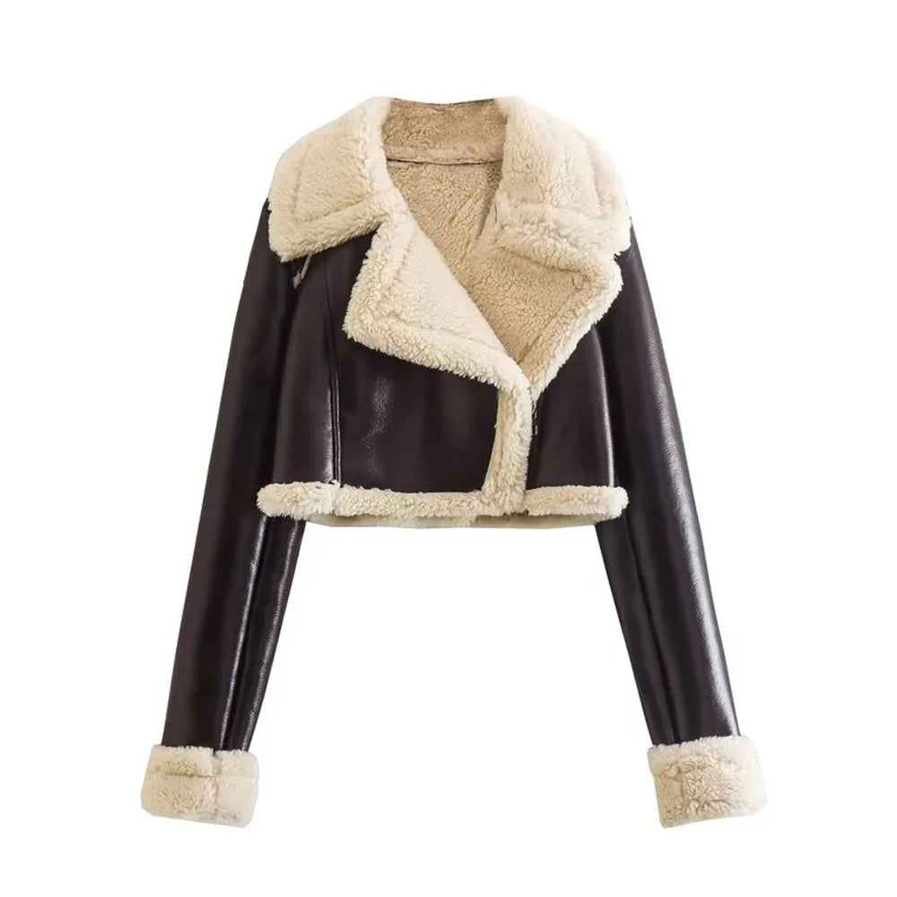 Double-Sided Shearling-Lined Cropped Leather-Effect Jacket