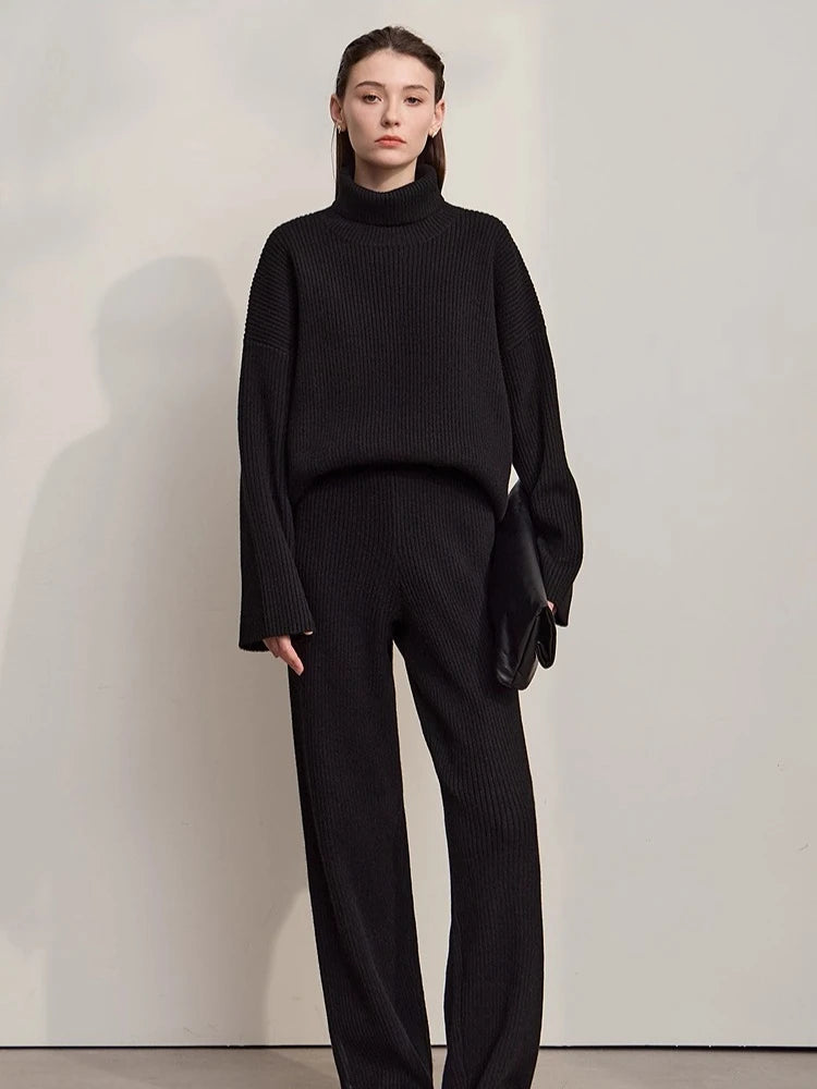 Ribbed Turtleneck Knitted Two-Piece Set