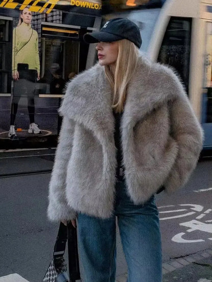 Elegant Faux Fur Loose-Fit Lapel Coat