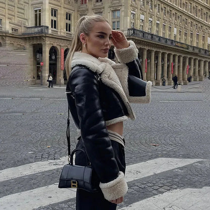 Double-Sided Shearling-Lined Cropped Leather-Effect Jacket