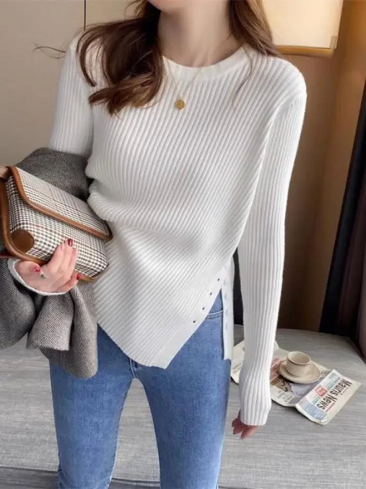 Split-Hem Button Detail Knit Sweater