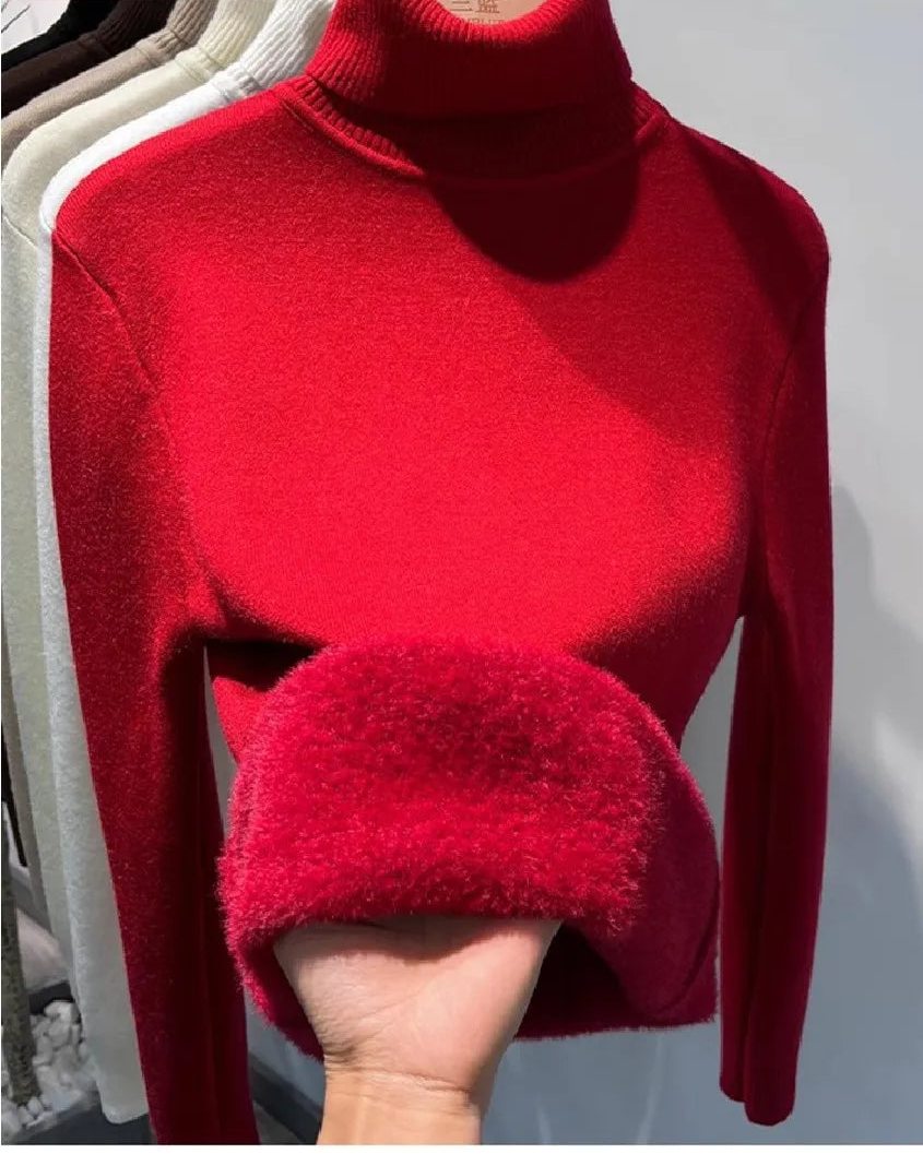 Velvet-Lined Turtleneck Knitted Sweater