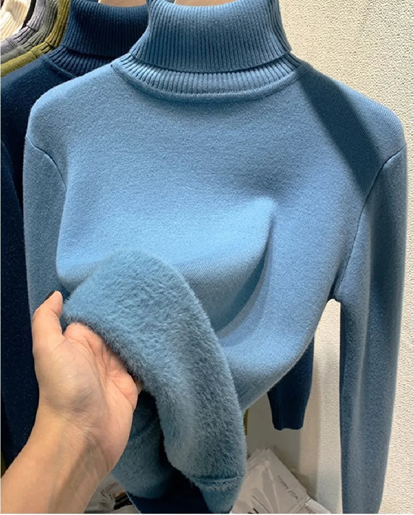 Velvet-Lined Turtleneck Knitted Sweater