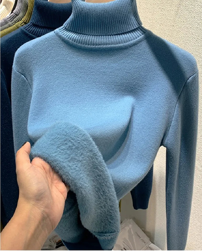 Velvet-Lined Turtleneck Knitted Sweater