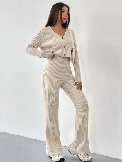Ribbed V-Neck Cardigan Two-Piece Set