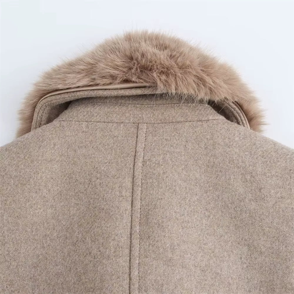 Long Belted Coat with Faux Fur Lapel