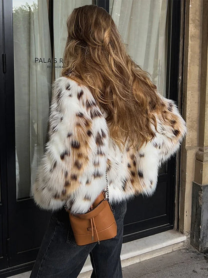 Autumn Winter Leopard Faux Fur Jacket Coat Women Short Plush Stand Collar Panelled Jacket Female Warm Stylish Outerwears Lady