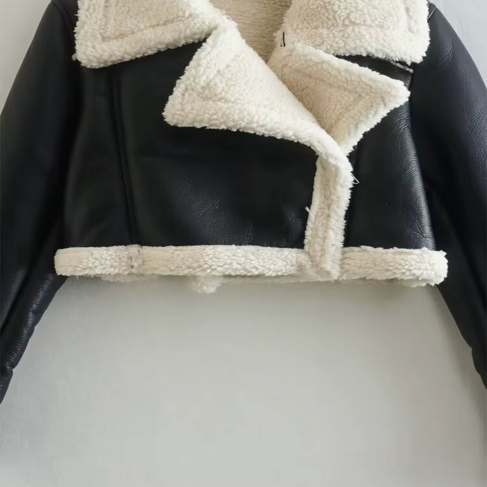 Double-Sided Shearling-Lined Cropped Leather-Effect Jacket
