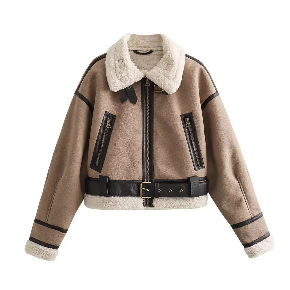 Short Shearling-Lined Leather-Effect Winter Jacket