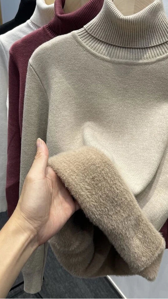 Velvet-Lined Turtleneck Knitted Sweater