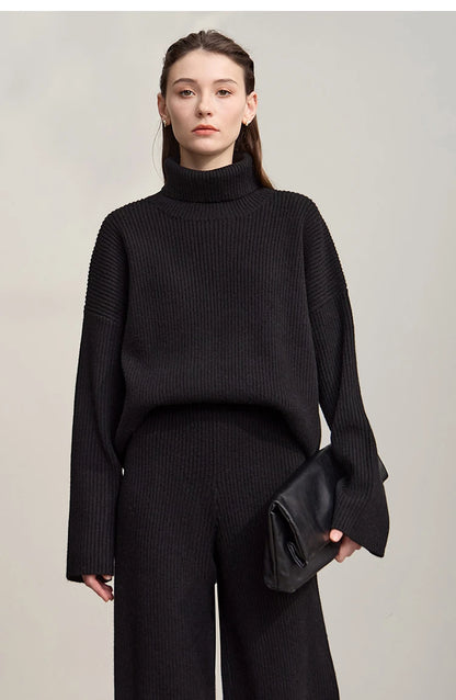 Ribbed Turtleneck Knitted Two-Piece Set