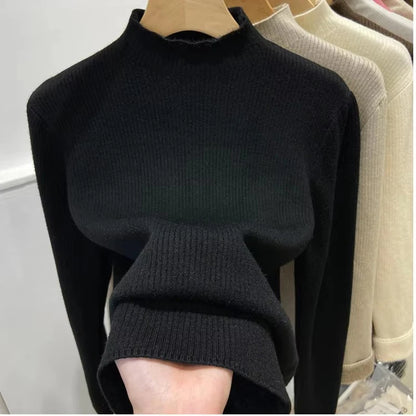 Velvet-Lined Turtleneck Knit Sweater