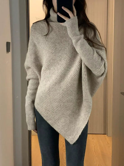 Loose Batwing-Sleeve Turtleneck Knit Sweater