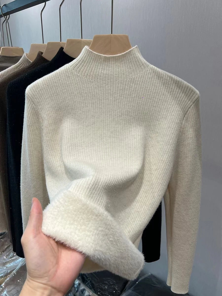 Velvet-Lined Turtleneck Knit Sweater