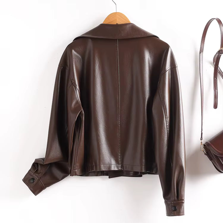 Loose-Fit Leather-Effect Jacket with Wide Lapel