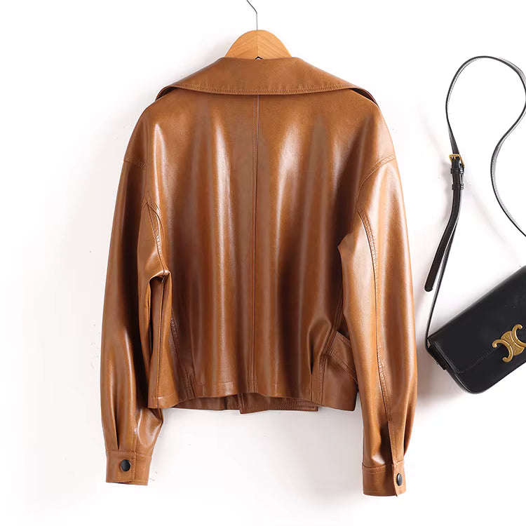 Loose-Fit Leather-Effect Jacket with Wide Lapel