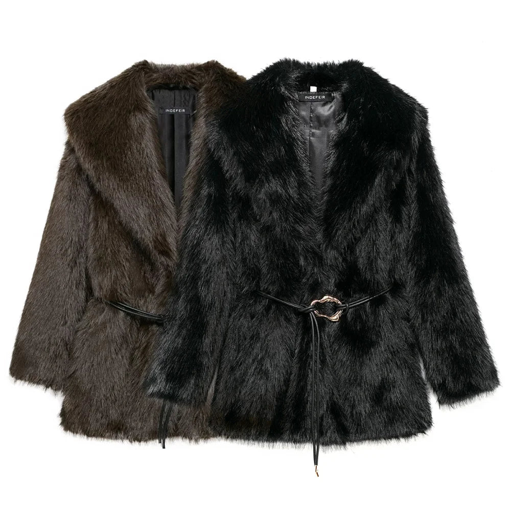 Medium-Length Faux Fur Coat with Belt Detail