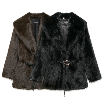 Medium-Length Faux Fur Coat with Belt Detail