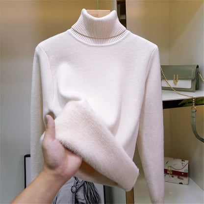 Velvet-Lined Turtleneck Knitted Sweater