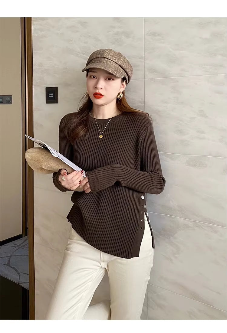 Split-Hem Button Detail Knit Sweater
