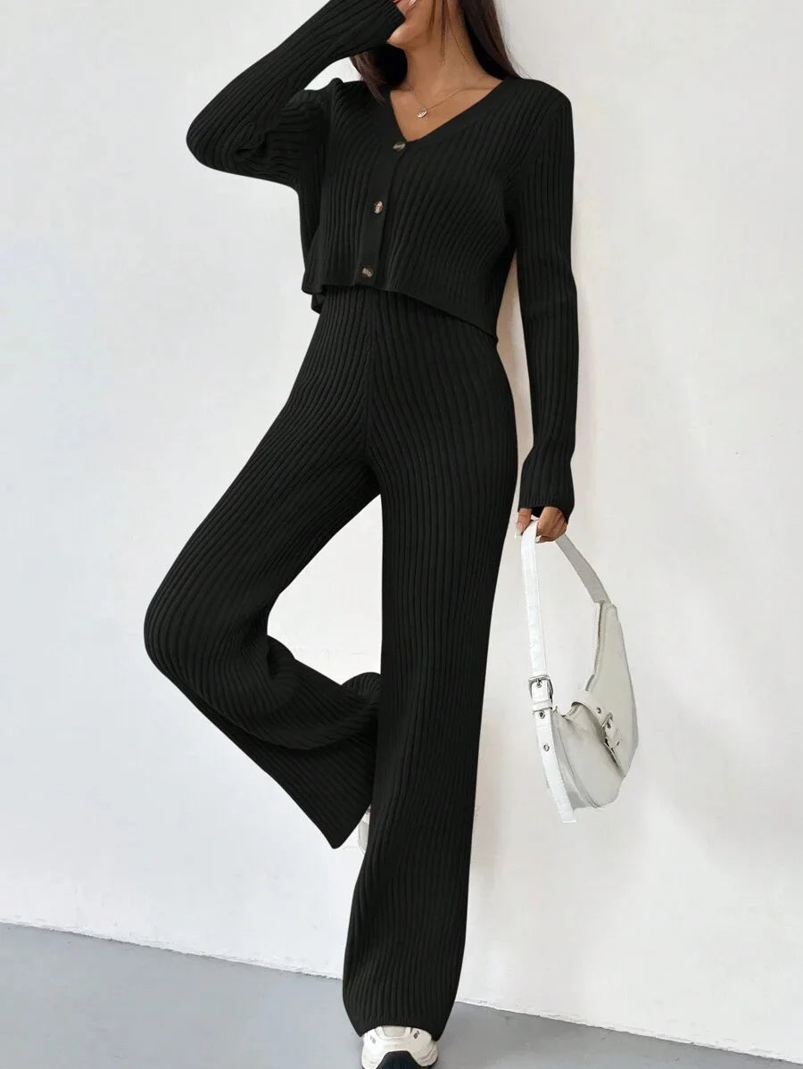 Ribbed V-Neck Cardigan Two-Piece Set