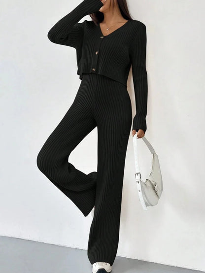 Ribbed V-Neck Cardigan Two-Piece Set