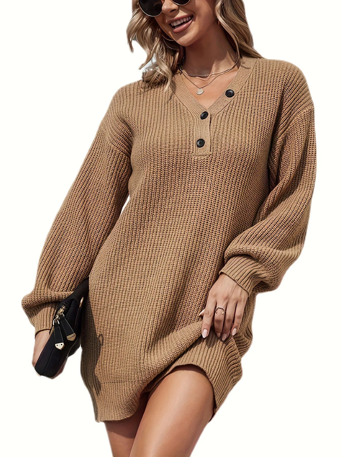 V-Neck Knitted Mini Sweater Dress