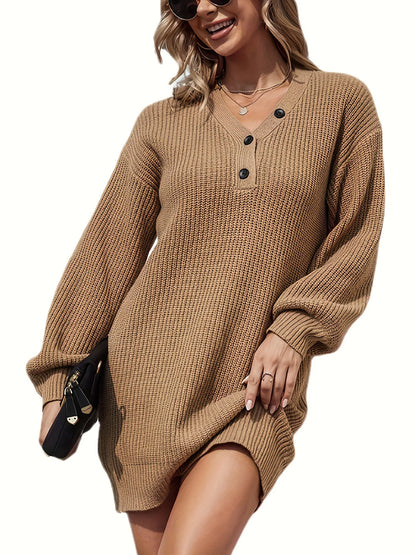 V-Neck Knitted Mini Sweater Dress